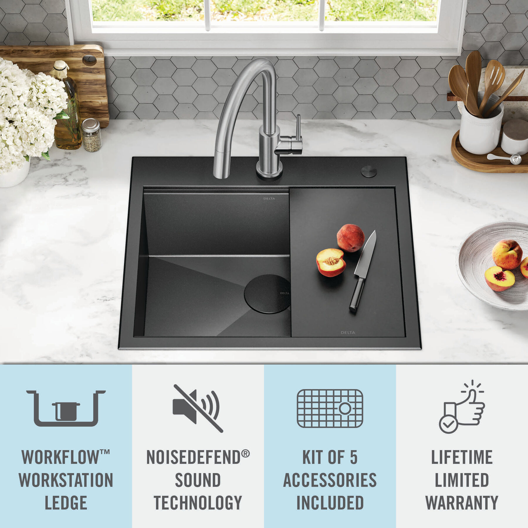 25” Drop-In Top Mount 16 Gauge Workstation Kitchen Sink Single Bowl with WorkFlow™ Ledge and Accessories, image 16
